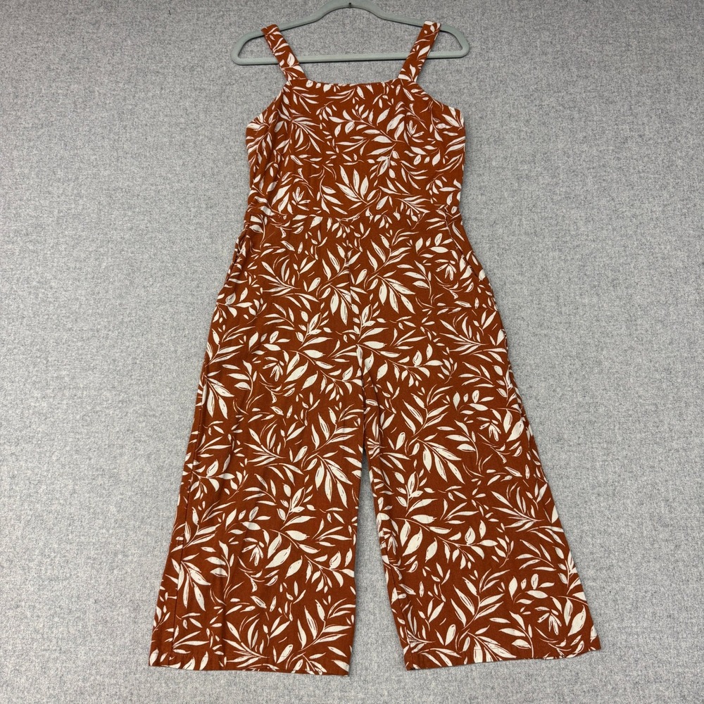 Monteau Los Angeles Jumpsuit Medium Rust Orange White Leaf Print Linen Wide Leg